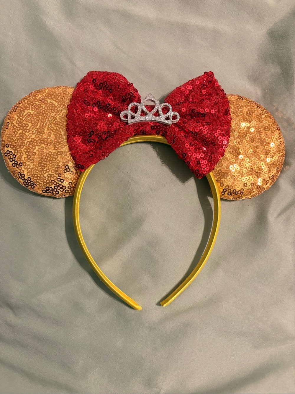Sequin Minnie-Style Headband with Red Bow and Gold Ears